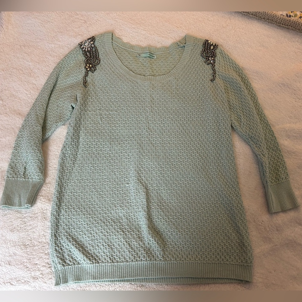 Women’s Size L Maurices Seafoam Green Sweater with Beaded Detail
